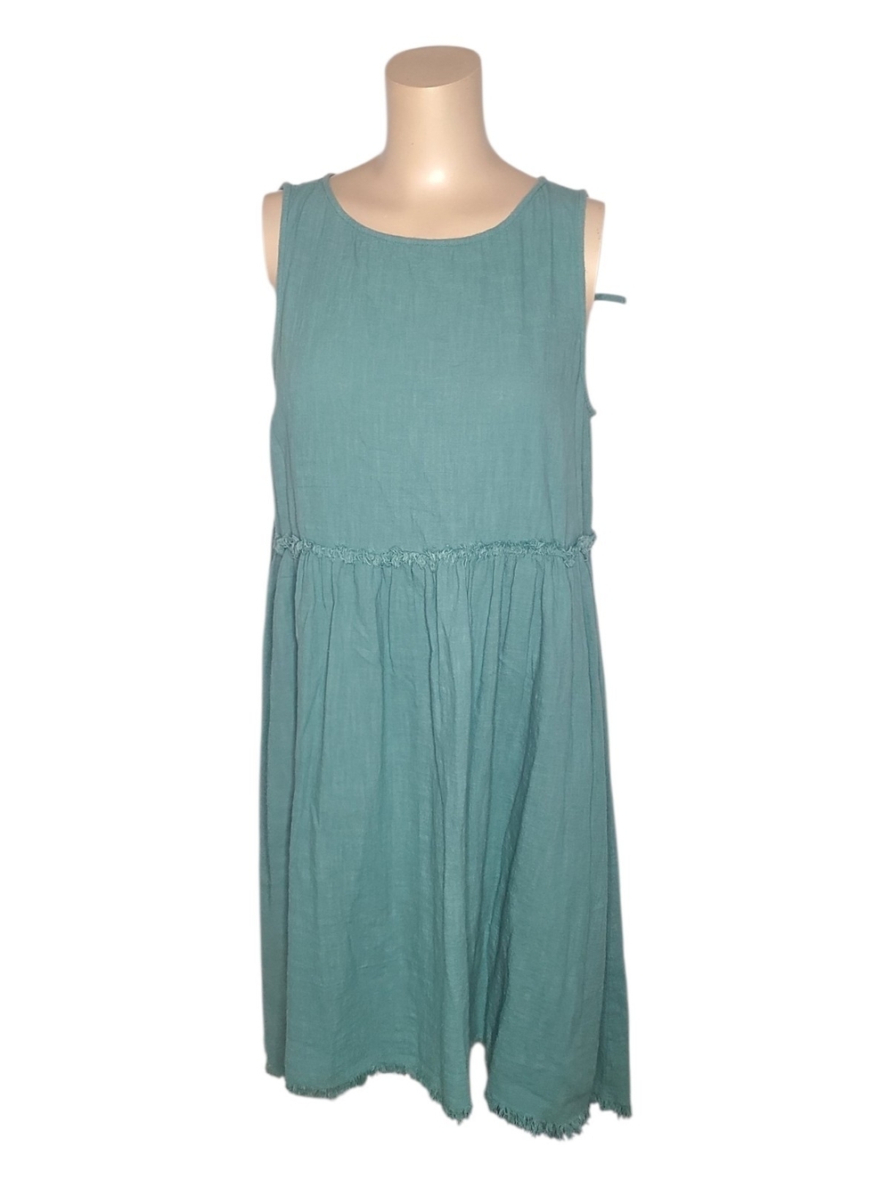 TRUE CRAFT Teal Cotton Sleeveless Babydoll Dress Fringed Size L